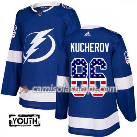 Camisola Tampa Bay Lightning Nikita Kucherov 86 Adidas 2017-2018 Azul USA Flag Fashion Authentic - Criança